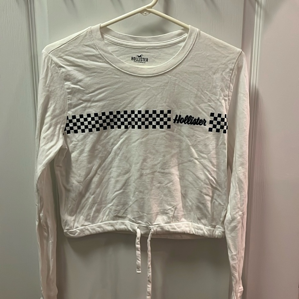 Hollister XS white long sleeve T-shirt with tie waste, black & white checkered